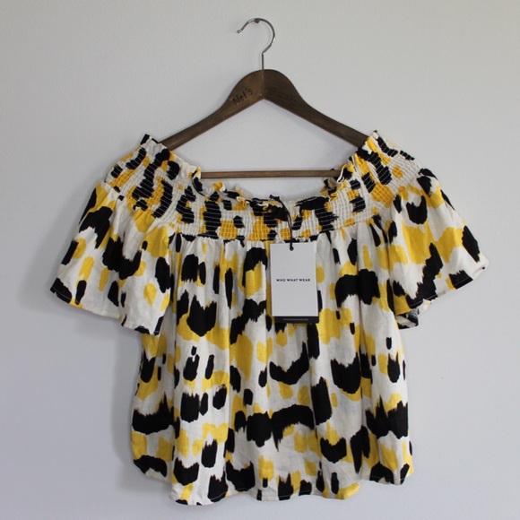 WWW NWT Linen Short Sleeve Smocked Bardot Top Cheetah Geometric Print S - Picture 3 of 13